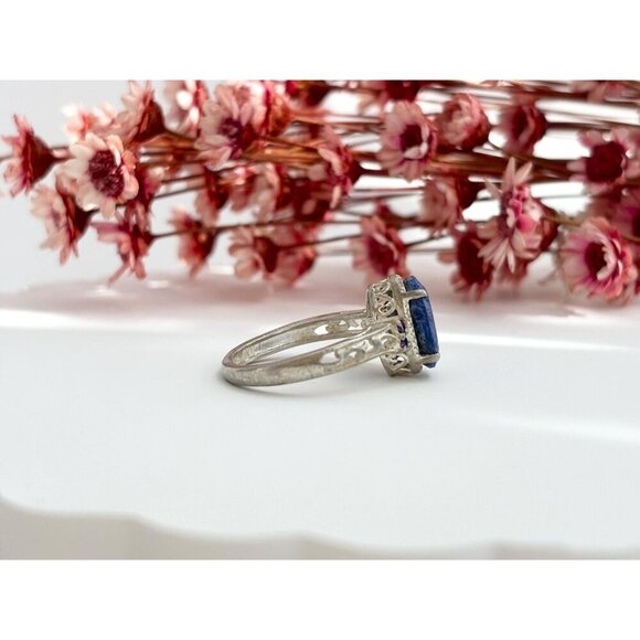 Lapis Lazuli Oval Cut Ornate Cutout Sterling Silver Vintage Ring - sz 4.75 - Picture 9 of 10